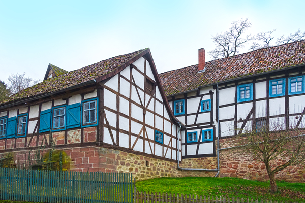 half-timbered with blue window