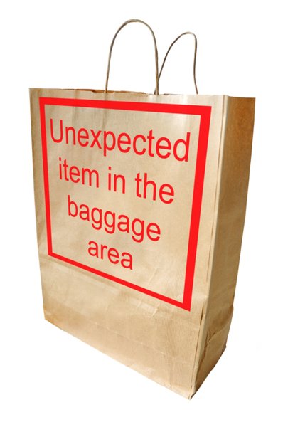 Unexpected Item: Brown paper shopping bag with the reproduced supermarket automated self service error message (familiar in the UK) Unexpected item in the baggage area