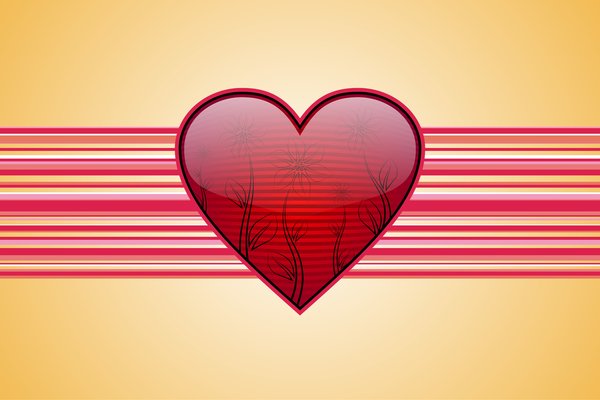 Valentines Background 1: Striped red heart with flowers on a yellow background