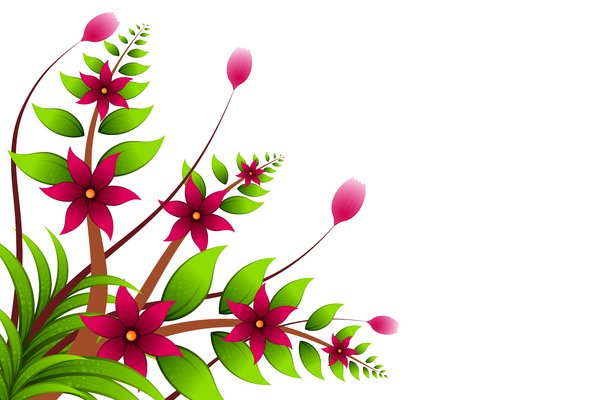 Jungle Floral: Pink flowers on the branches and leaves. Whole on a white background.