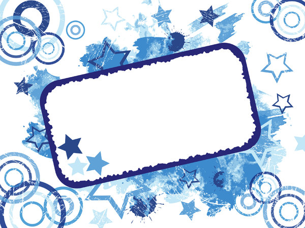 Grunge Card: Invitation card or label.  Grungy stars, circles, paint and splats background.  Blue theme.  Lots of copy space,