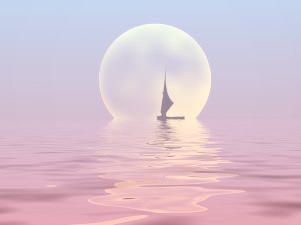 Sailor Moon 1: Silhouette of a sailboat on water with a large moon in the background.