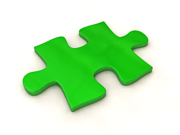 Puzzle Piece: An abstract green puzzle piece in high quality on a soft, white background.