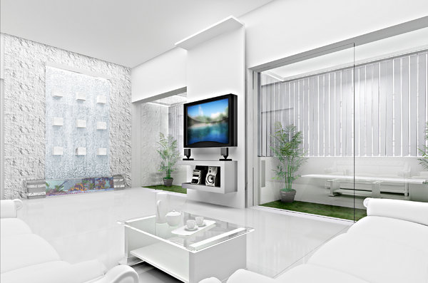 Living Room Concept 3D: Conceptual 3D visualization for a living room. The concept is totally white and glass and steel. 