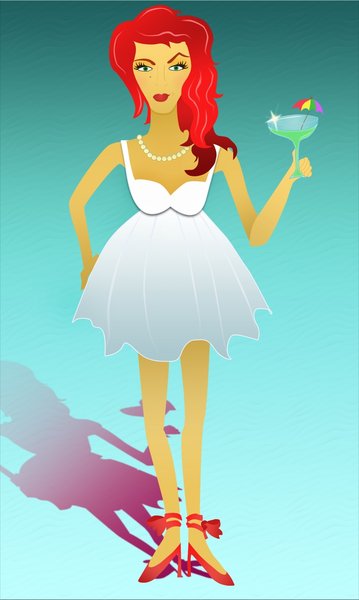 Martini time!: visit my site ozaidesigns.com for more of my free illustrations!A red-head woman in a cute dress drinking a martini. **If you download this for online use, dont give me credit but DO send me a link, I love to see how my work is being used :)