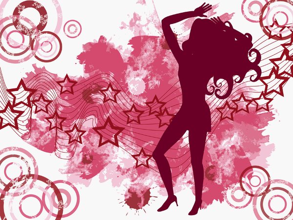 Star Girl: Dancing girl silhouette on an abstract background of circles, stars and grungy water colour.