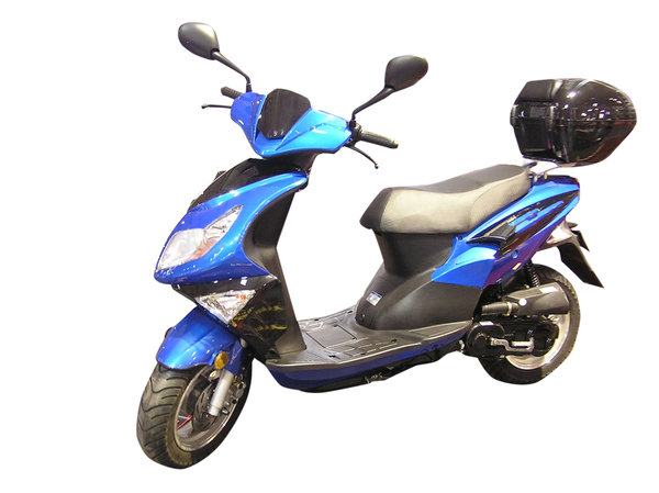Blue scooter: A machine.