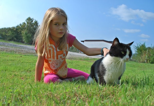 Menina com gato ao ar livre: 