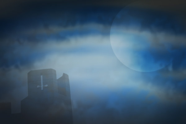 Blue Moon: Abstract backdrop with moon and castle turret. Just add your own ghost.