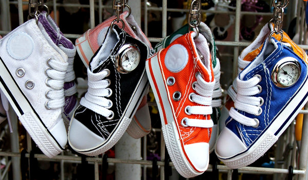 timely shoes: miniature sneakers with small clocks - time pieces - key rings