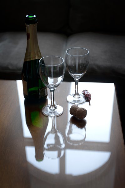 Sparkling Wine: Drinking delicious white sparkling wine in a hotel room