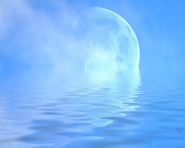 Giant Moon 3: A giant moon with misty clouds reflected in the water.