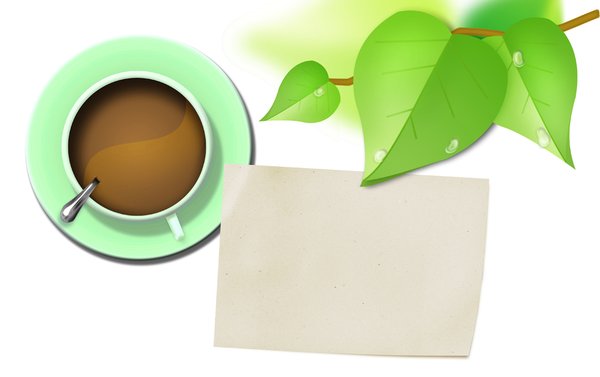 Coffee with leaves and paper