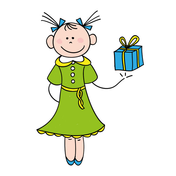 Girl with gift: Drawing of a cute little girl with a wrapped gift