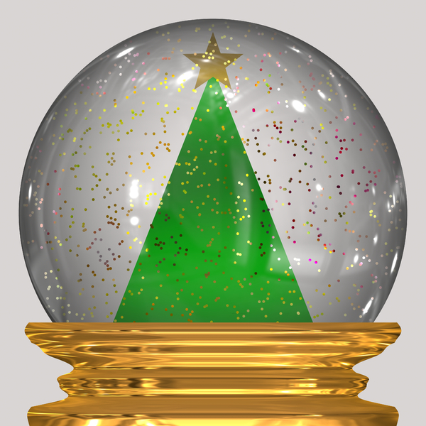 Christmas Snowglobe 2: A sparkly Christmas snowglobe with a green xmas tree, glitter snow and a golden metal base.