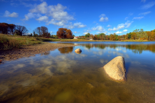 Autumn pond - HDR: Pond with an island in autumn colours. The image is HDR.