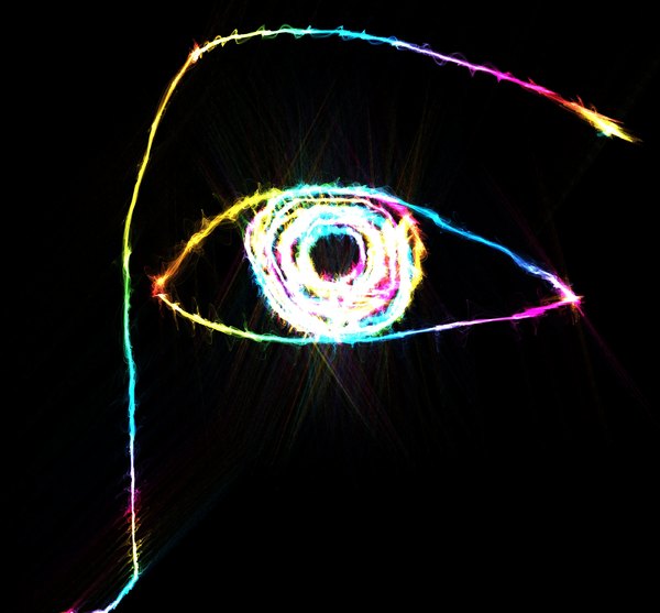 Abstract Eye: A light painting of an eye in rainbow colours on black. Vivid and attention-getting image.
