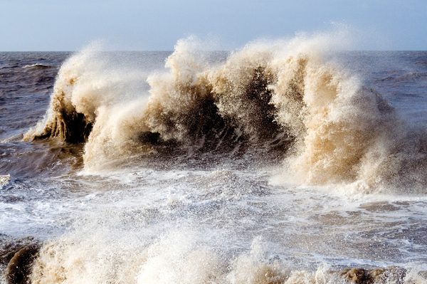 Big Wave 1: A large, wave whipped up by gale force winds and a high tide at Anchorsholme, near Blackpool, UK.