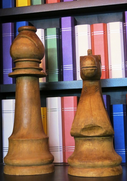 chess pieces and books