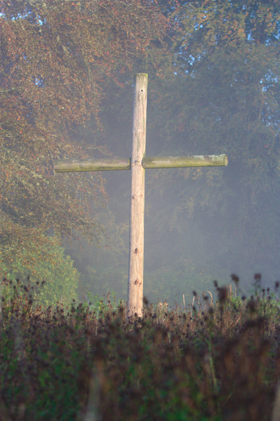 Wooden cross in garden