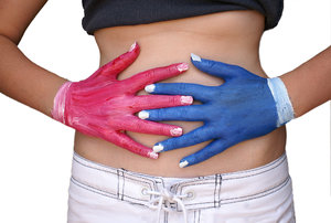 Coloured Hands: My daughter Zoe with pink and blue painted hands
