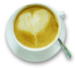 coffee: cup and saucer with heart-shaped froth