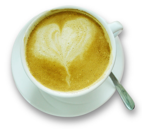 coffee: cup and saucer with heart-shaped froth