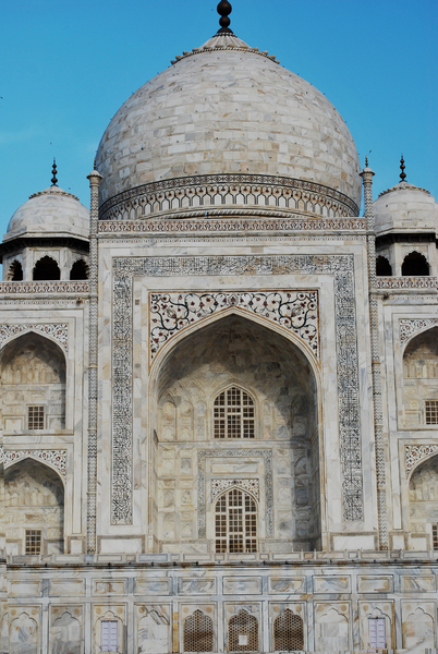 Taj Mahal Close-up: Taj Mahal Close-up. White marble structure built by Shah Jahan for his wife. One of India's world famous monument structure built in Agra.