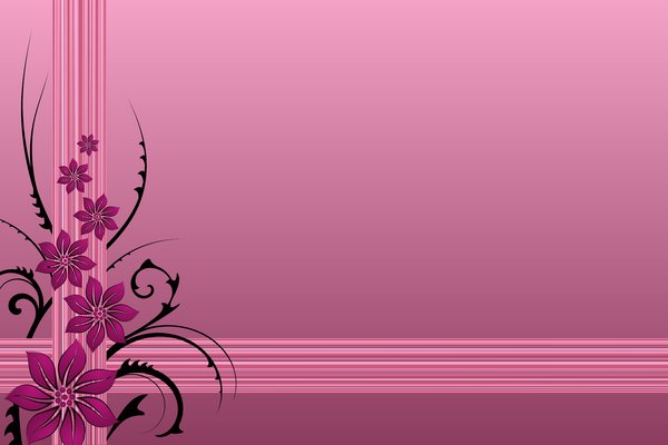 Pink Valentine's Background: Pink flowers and black branches on a pink background with stripes