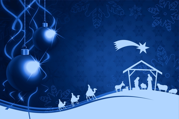 Christmas Winter Background: Christmas baubles and holy Family on a blue christmas background