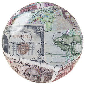 Money Globe: Globe made out of bank notes from all over. one on a black background, one on a white.