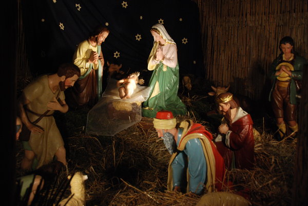 Nativity scene in polish churc: Nativity scenes exhibit (at the minimum) figures representing the infant Jesus, his mother Mary, and Mary's husband, Joseph. Some nativity scenes include other characters from the Biblical story such as shepherds, the Magi, and angels. The figures are usu