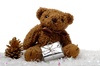 Teddybear with present: Teddybear with silver present and golden cone in snow