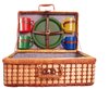 Picnic Basket: Picnic basket with plastic plates and cups in different colors.