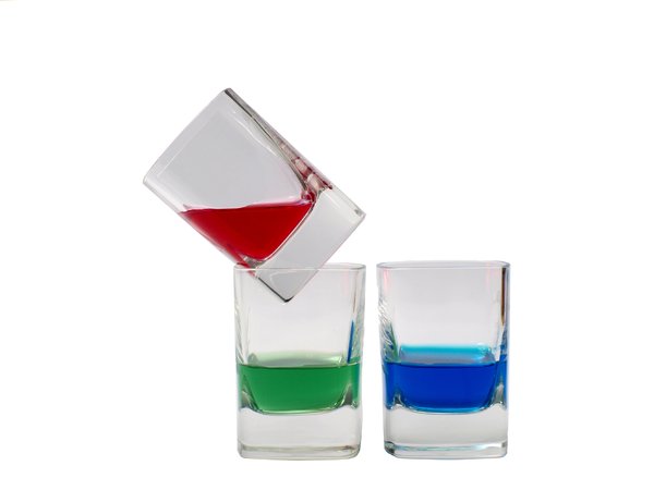 RGB - shootglass: Red, green and blue fluid in each shootglass.