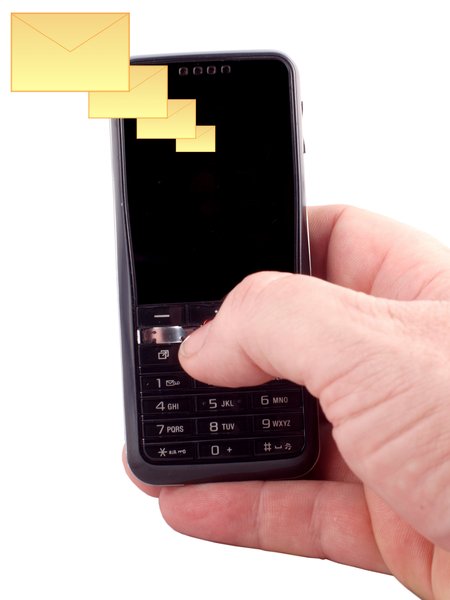 SMS: Sms with mobile telephone in hand, isolated with white background