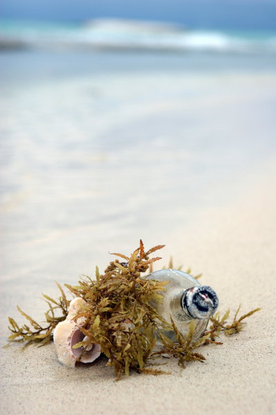 message in the bottle: bottle in the sand;sunny beach and dinner tables