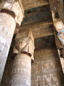 Dendara Temple: Inside the front colonnaded hall with its paintings still looking good