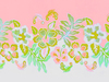 Hibiscus border: Curtain fabric with hibiscus pattern.The red and blue version uses the original colours, and there are a couple of variations.