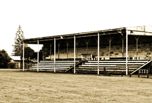 No game today: An empty spectator stand at a rugby field in a country town.  New Zealand