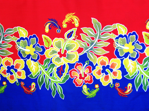 Hibiscus border: Curtain fabric with hibiscus pattern.Red and blue are the original colours, and there are a couple of variations.