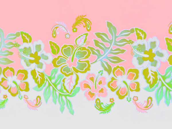 Hibiscus border: Curtain fabric with hibiscus pattern.The red and blue version uses the original colours, and there are a couple of variations.