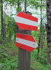 direction signs: two red-white arrow direction signs in wood