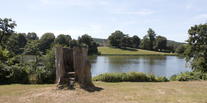 Lake view: View of the lake at Sherborne Castle, Dorset, England, with a hollow tree stump as a lookout. Photography in this area was freely permitted.