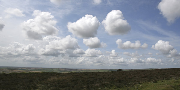 Moorland panorama: Three-shot photomerge of moorland landscape in Exmoor, Devon, England, in spring.