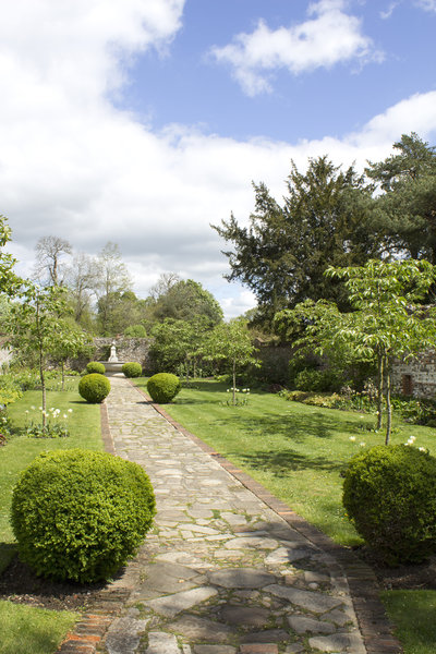 Garden path: A path between topiary box (Buxus) balls in an old walled garden in England in spring.