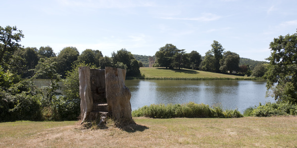 Lake view: View of the lake at Sherborne Castle, Dorset, England, with a hollow tree stump as a lookout. Photography in this area was freely permitted.