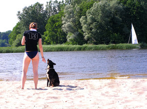 Staring at the sun!: A girl and a dog... staring at the sun, on the beach, during the sunny day!Please mail me or comment this photo if you find it useful. Thanks!I would be extremely happy to see the final work even if you think it is nothing special! For me it is (and for m