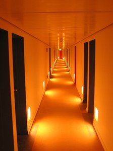 Hotel corridor: A hotel corridor in the night.