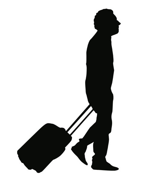 Tourist silhouette: A tourist with the suitcase on a wheels.
